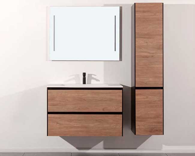 Meuble de salle de bains Molly aspect bois suspendu avec lavabo simple blanc brillant 90cm