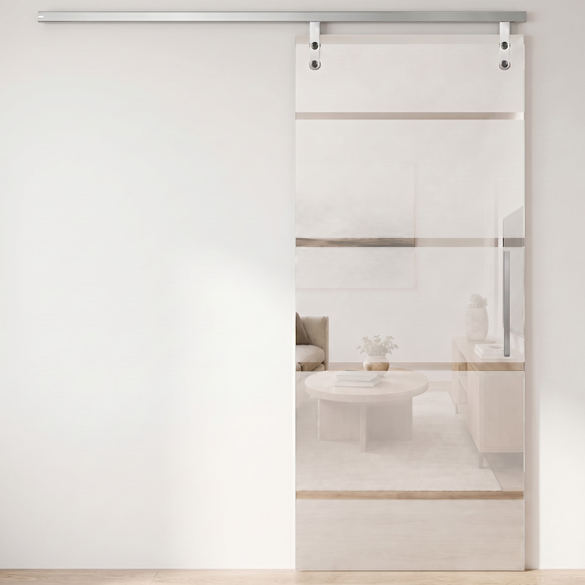 Complete glazen schuifdeur Sky Dusk mat + 4 lijnen helder 83x215cm inox vierkante trekker + rail aluminium