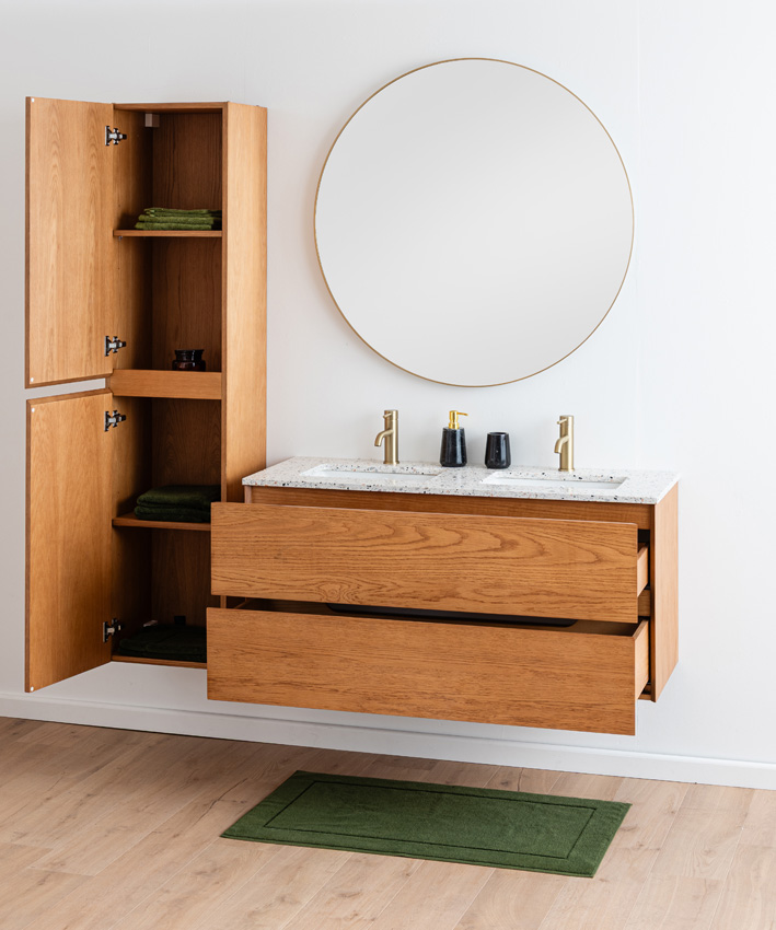 Badkamermeubel Fior eik hangend met dubbele wastafel terrazzo 120cm