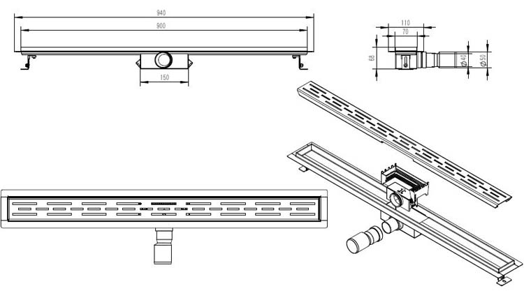 Caniveau de douche inox noir 90cm