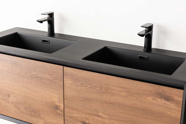 Meuble de salle de bains Justin noyer suspendu avec lavabo double noir mat 140cm