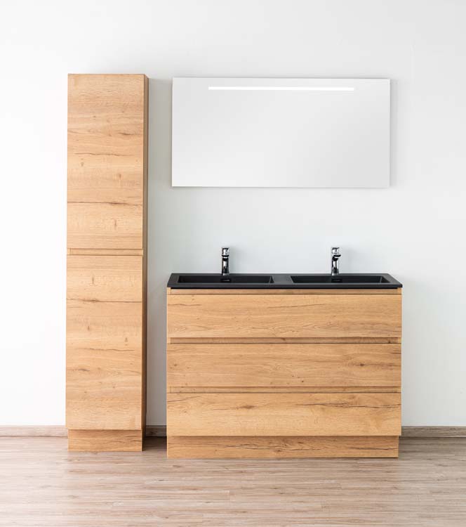 Meuble de salle de bains Daria chêne brun doré sur pied avec lavabo double noir mat 120cm