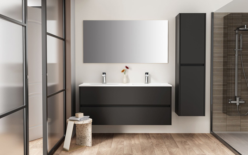Badkamermeubel Vito zwart hangend met dubbele wastafel glanzend wit 120cm + spiegel