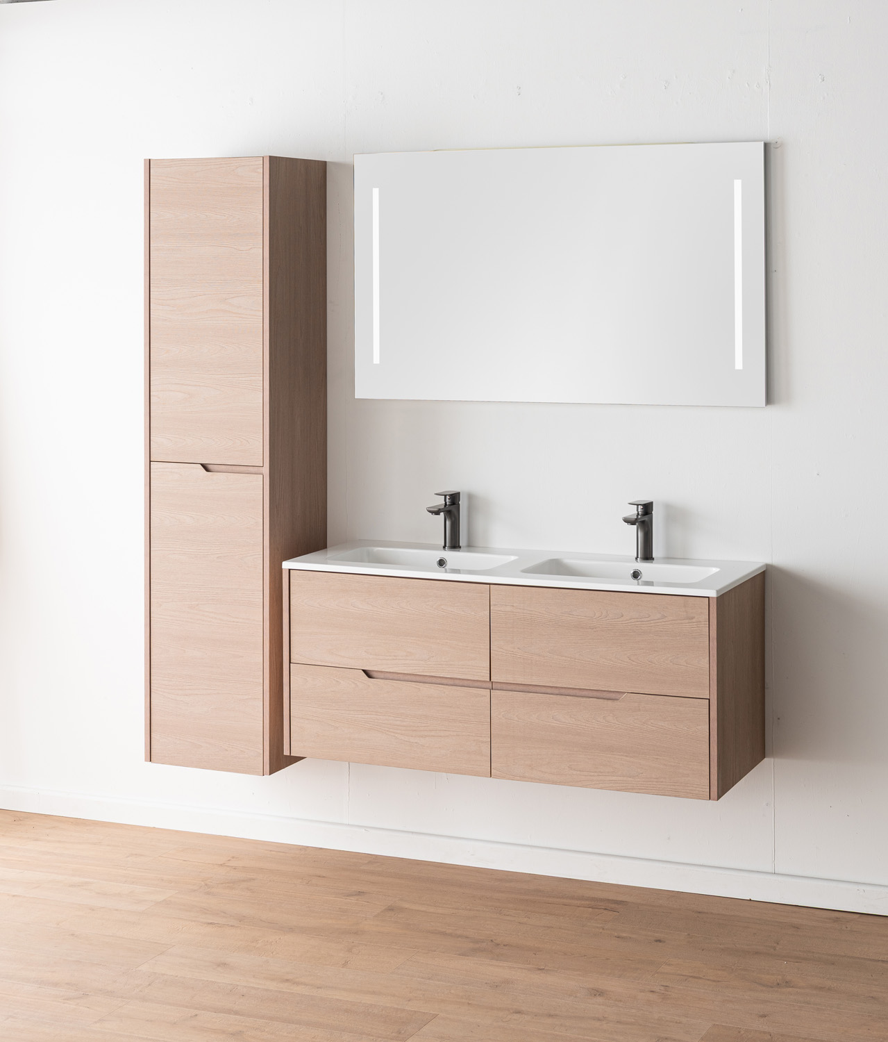 Meuble de salle de bains Tarik chêne Nordic suspendu avec double vasque blanc brillant 120cm