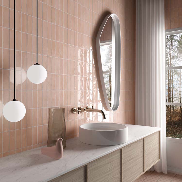 Carrelage mural Nono Orchard brillant rosé 5x15cm