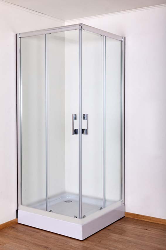 Cabine de douche Agnes coin portes coulissantes chrome 90x90x185cm avec bac de douche à poser