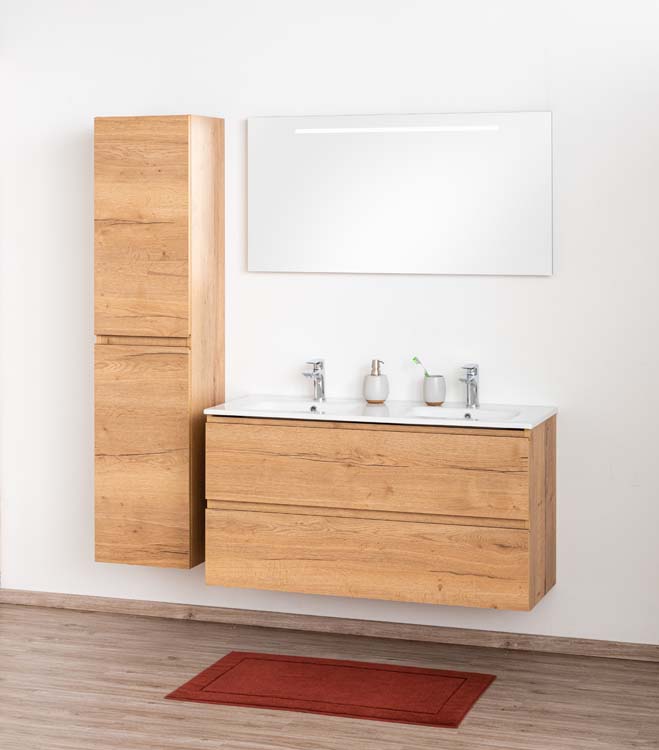 Meuble de salle de bain Daria chêne brun doré 1200 mm 2 lavabo porcelaine brillant