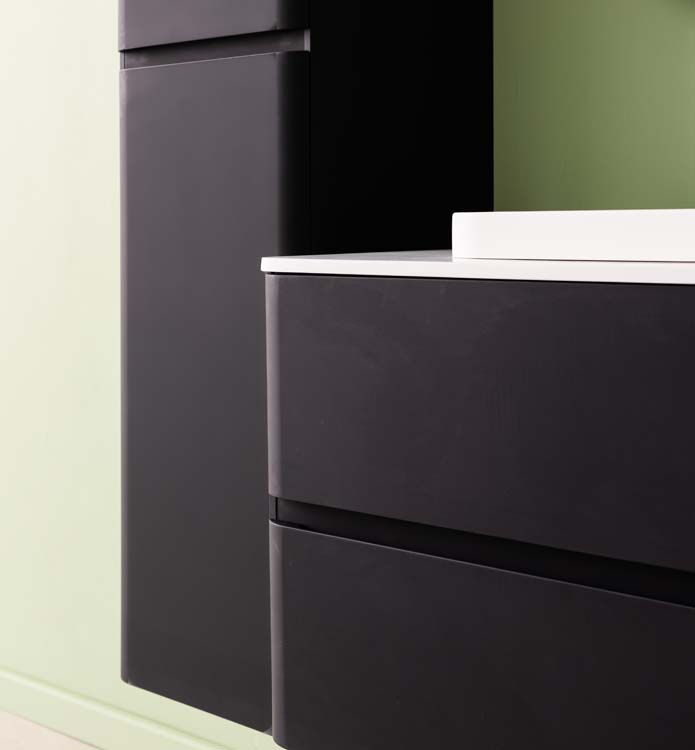 Badkamermeubel Ames mat zwart hangend met opbouwkom mat wit 110cm