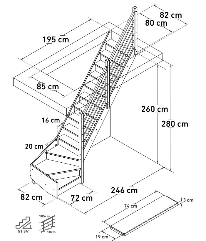 Escalier fermé hêtre Freiburg avec quart tour bas droite et avec rampe