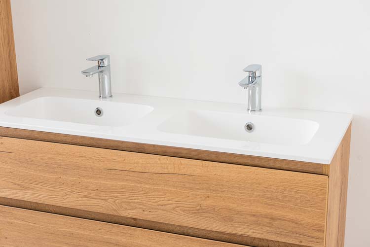 Meuble de salle de bain Daria chêne brun doré 1200 mm sur pied 2 lavabo brillant
