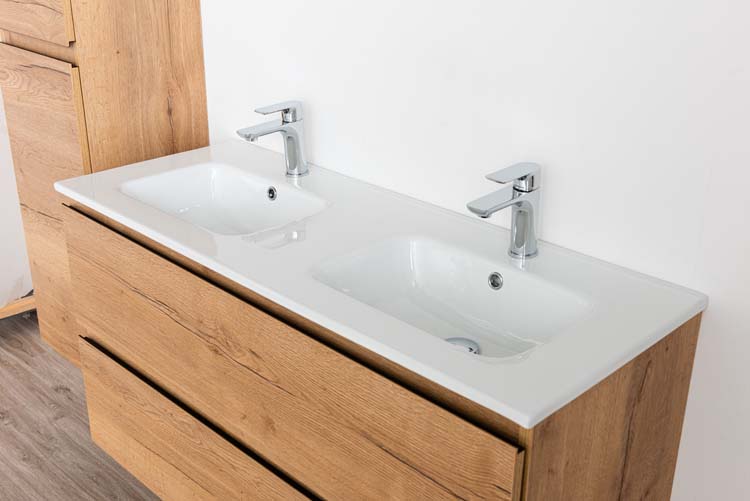 Meuble de salle de bain Daria chêne brun doré 1200 mm 2 lavabo porcelaine brillant