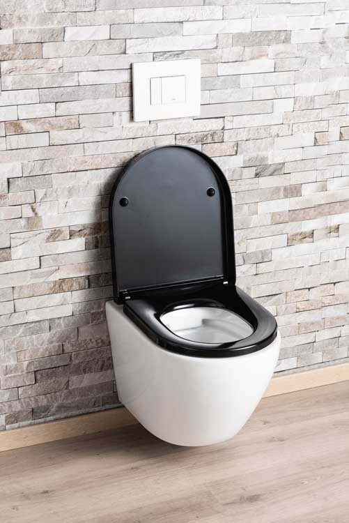 Toilette suspendue Gary sans rebord blanc raccourcie avec siège de WC softclose noir