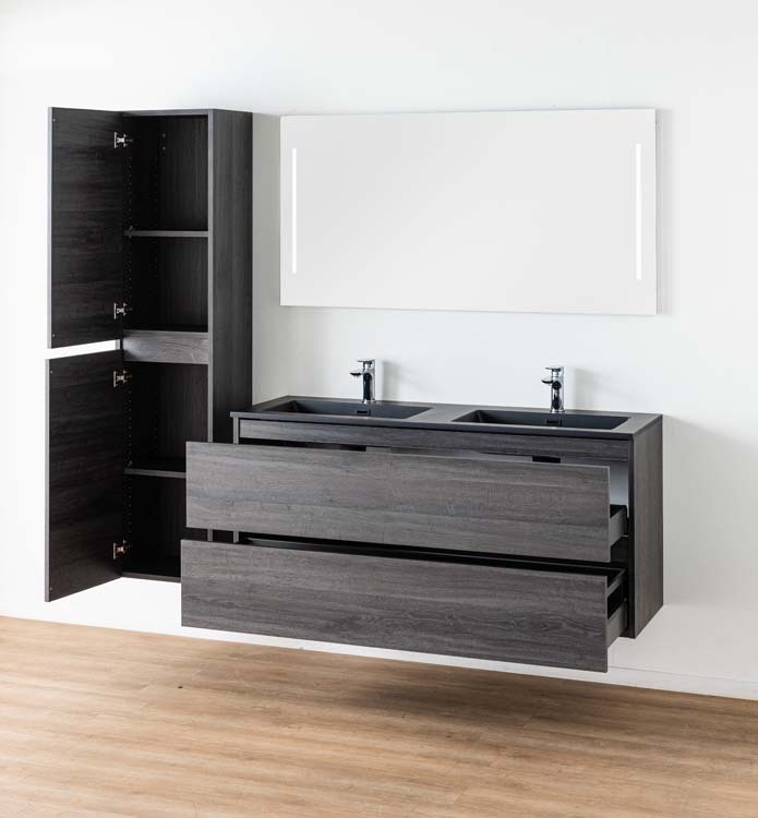 Meuble de salle de bain Dotan chêne foncé 1400 mm 2 lavabo mat noir
