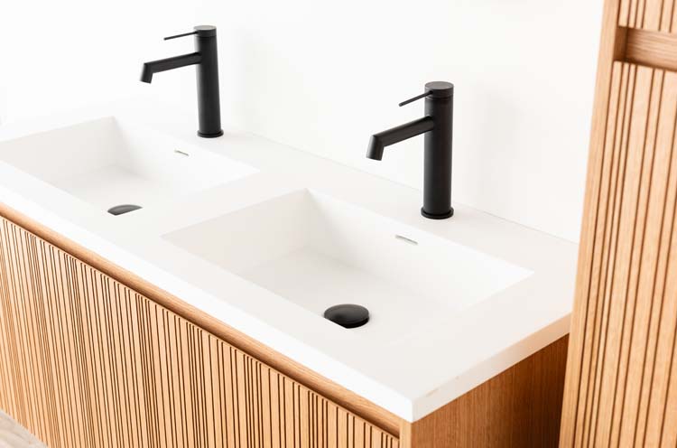 Meuble de salle de bains Warren afromosia suspendu avec lavabo double blanc mat 120cm