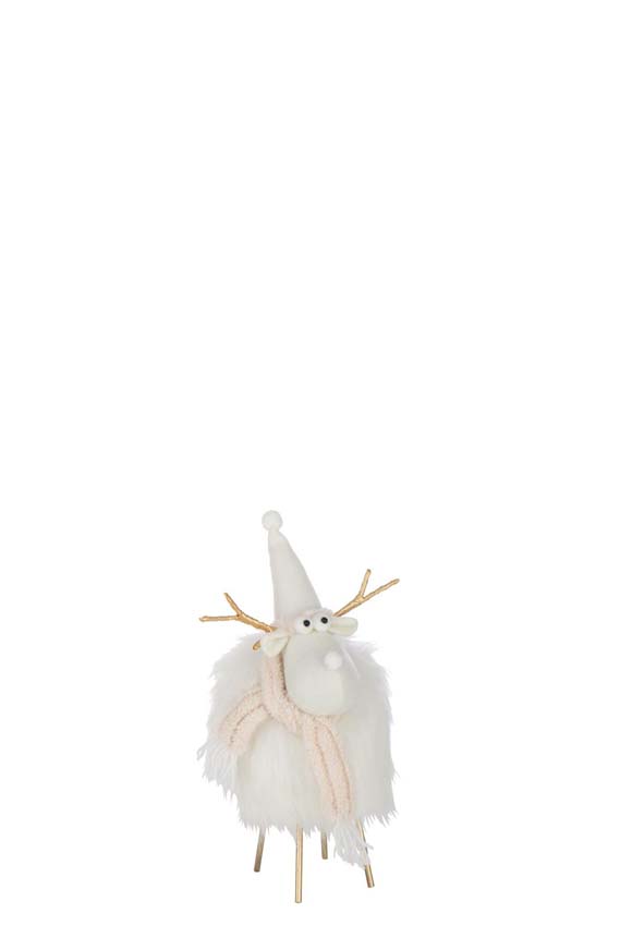 Beeld rendier hoed + sjaal polyester wit/beige 21x20x36cm