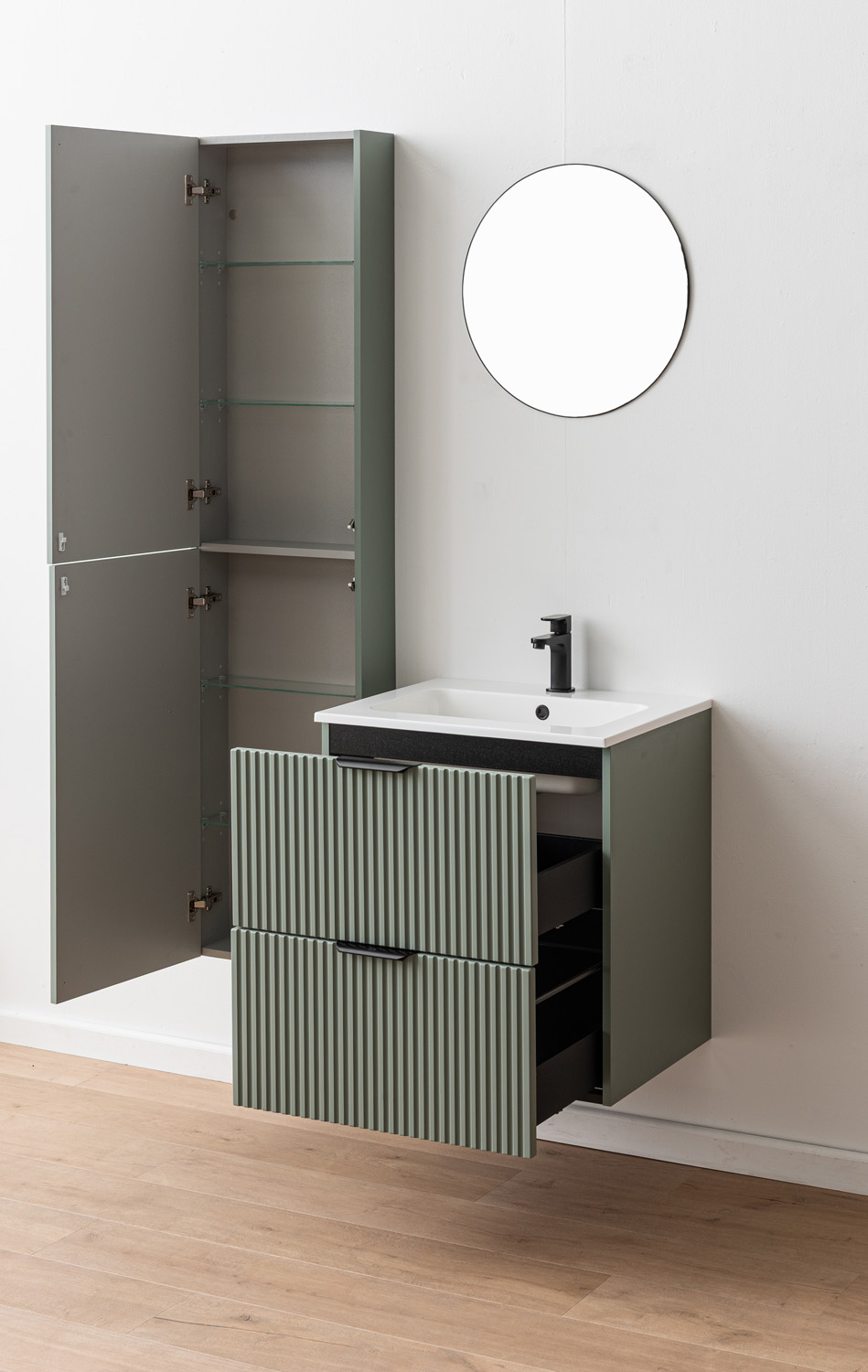Badkamermeubel Raven saliegroen hangend met wastafel Aveda wit glanzend 60cm