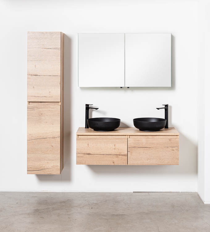 Meuble de salle de bains Domino aspect chêne suspendu avec plateau en mélamine 120cm