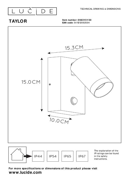 Wandspot - zwart - GU10 - 50W - IP44