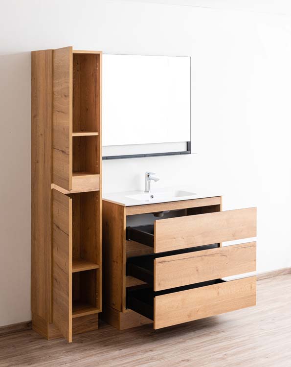 Badmeubel Daria eik goudbruin 900 mm staand wastafel porselein glans