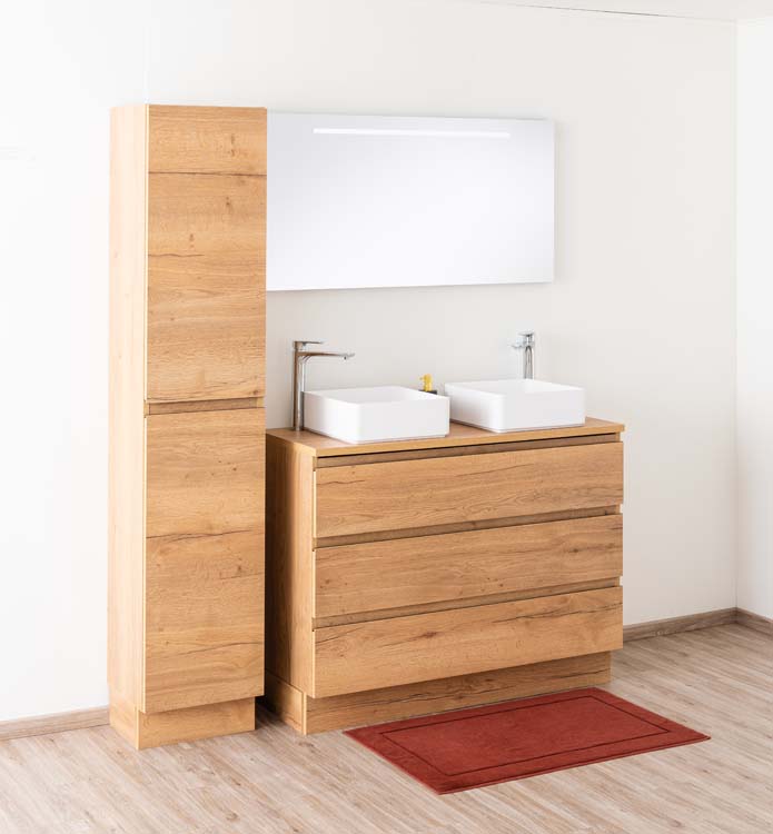 Meuble de salle de bains Daria chêne brun doré sur pied avec plateau en mélamine 120cm