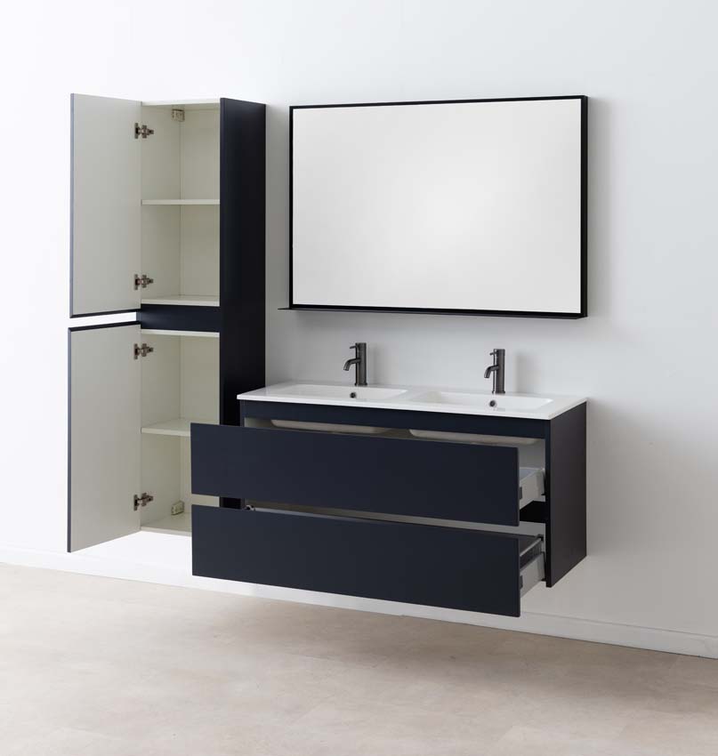 Meuble de salle de bains Tibo gris suspendu avec lavabo double blanc brillant 120cm Meuble de salle de bains Tibo gris suspendu avec lavabo double blanc brillant 120cm