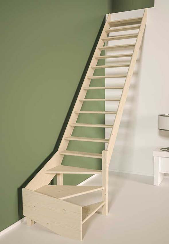 Escalier de meunier Bonn Maxi en pin avec quart tournant en bas à droite 340x80cm