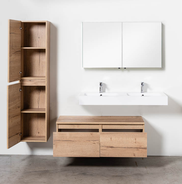Meuble de salle de bains Domino aspect chêne suspendu avec lavabo double suspendu blanc brillant 120cm