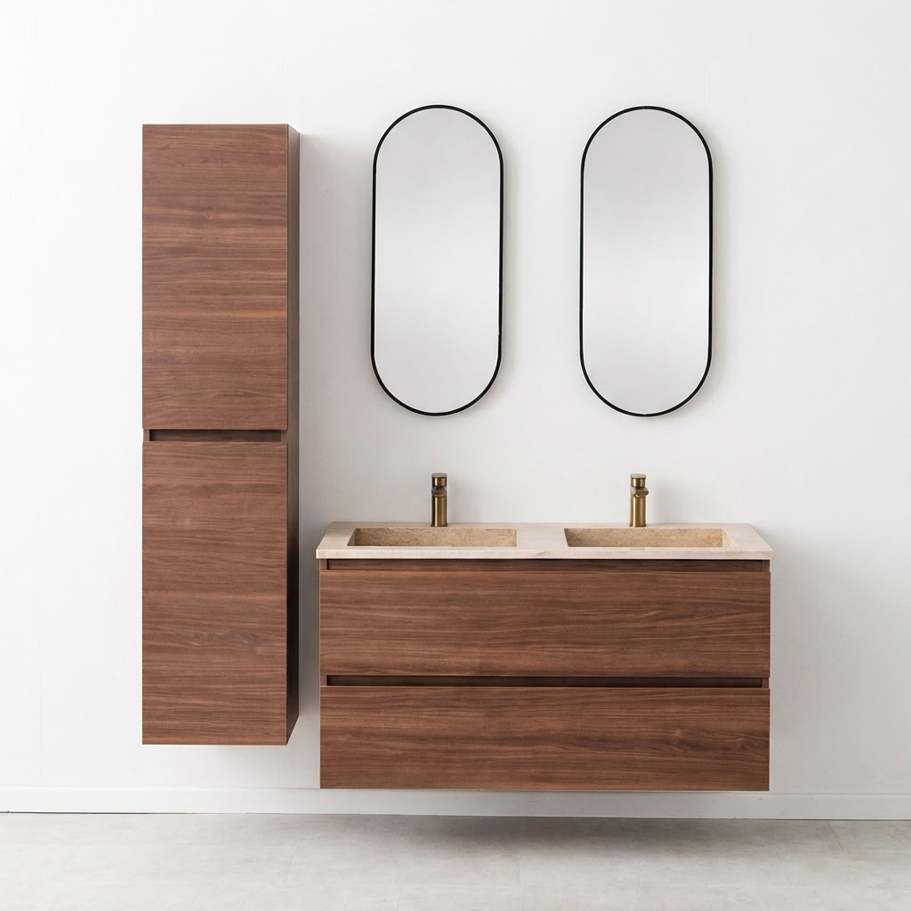 Meuble de salle de bain Dotan noyer avec lavabo double en aspect travertin 120cm