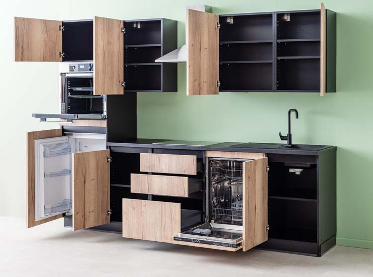 Cuisine Plenti noir/aspect bois 280 cm - plaque de cuisson vitrocéramique et hotte murale en inox - avec appareils et tiroirs