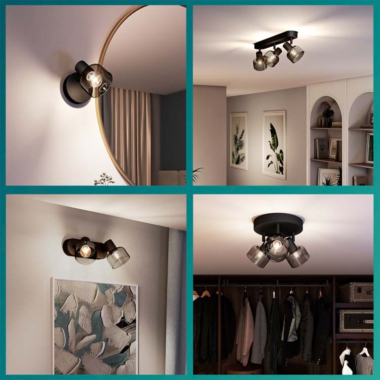 Spot plafond/mur - verre court - dimmable - E14 - 4x25W - lampe excl - noir