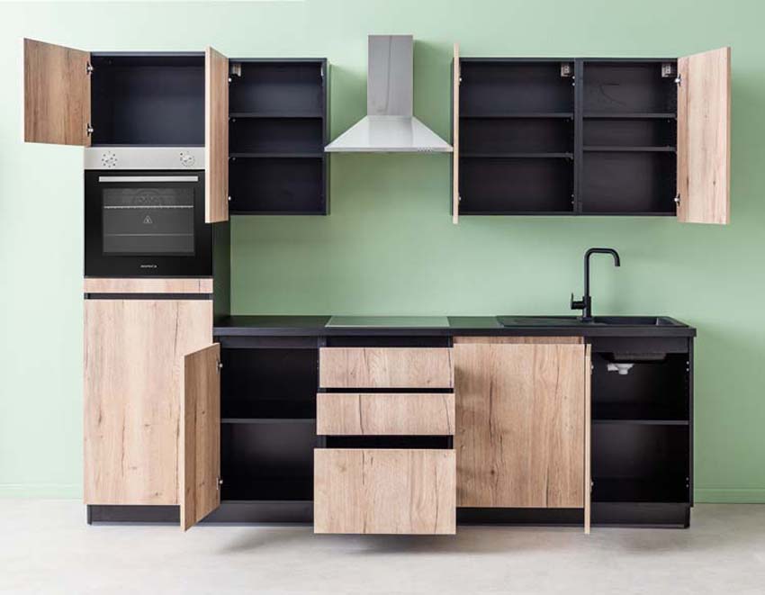 Keuken Plenti zwart/houtlook 280cm - lades - met toestellen - vitrokeramische kookplaat en inox wanddampkap