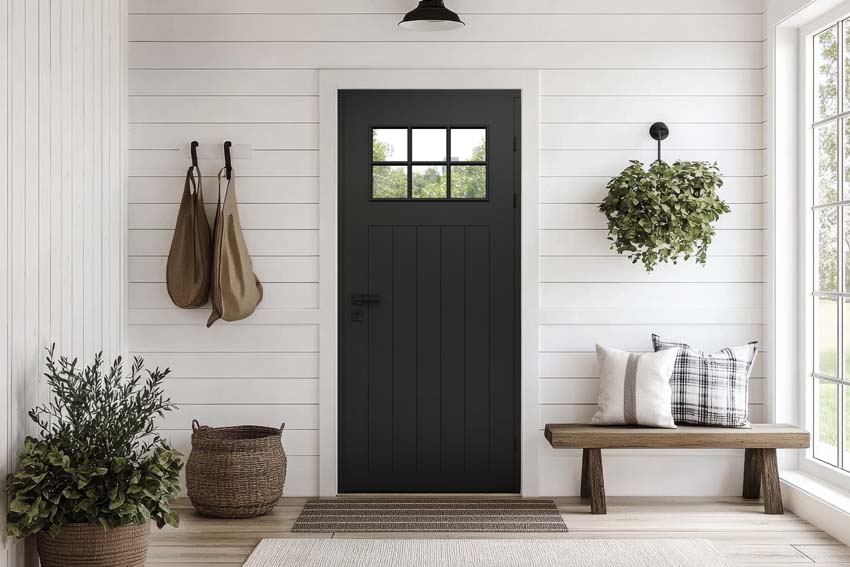 Porte extérieure bois Alva meranti noir verre clair 980x2180mm ouvrant à droite