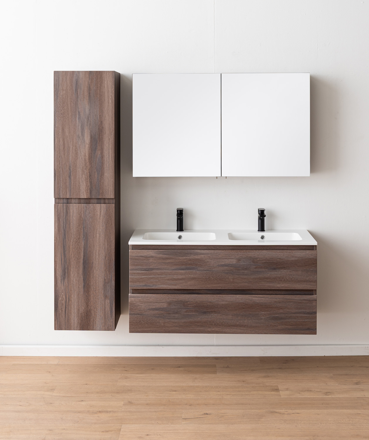Meuble de salle de bains Tarik chêne ambré suspendu avec double vasque blanc brillant 120cm