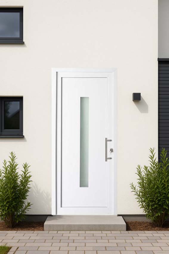 Buitendeur verticale ruit PVC mat glas wit 980x2180mm rechtstrekkend Buitendeur verticale ruit PVC mat glas wit 980x2180mm rechtstrekkend