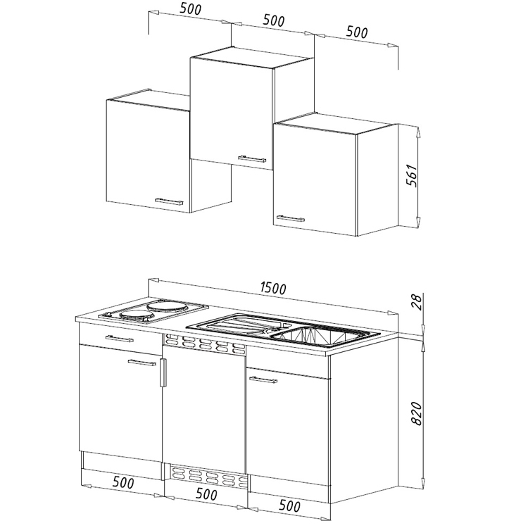 Cuisine 150cm - gris/hêtre - plaque de cuisson inox