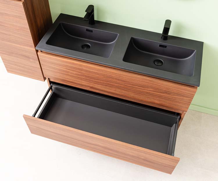 Meuble de salle de bains Dotan noyer suspendu avec lavabo double noir mat 120cm