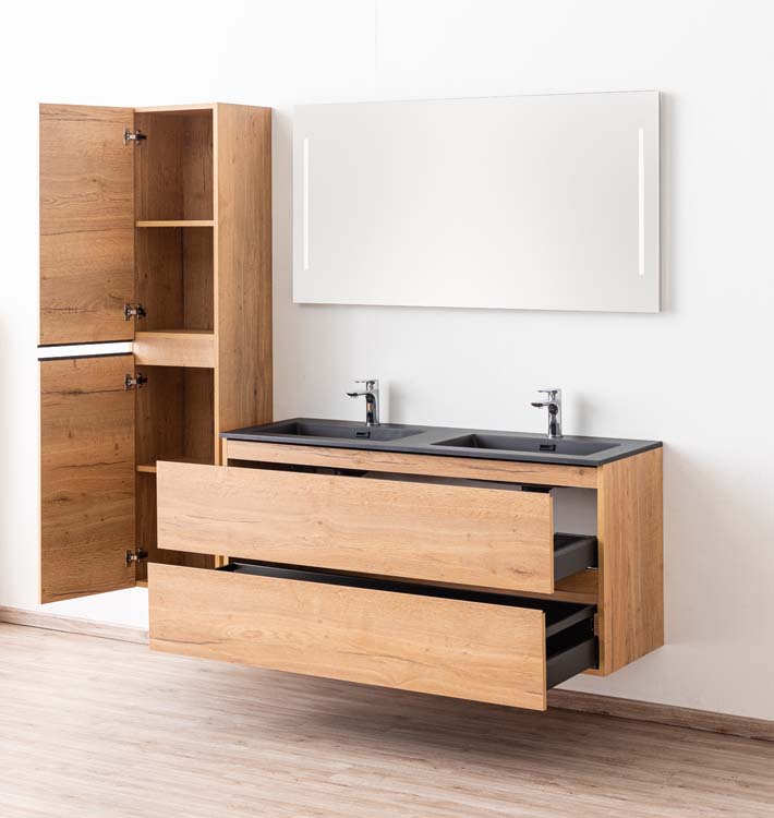 Meuble de salle de bain Daria chêne brun doré 1400 mm lavabo noir mat