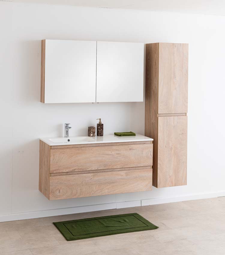 Meuble de salle de bain Tibo en chêne méditerranéen avec vasque simple blanc brillant 120cm