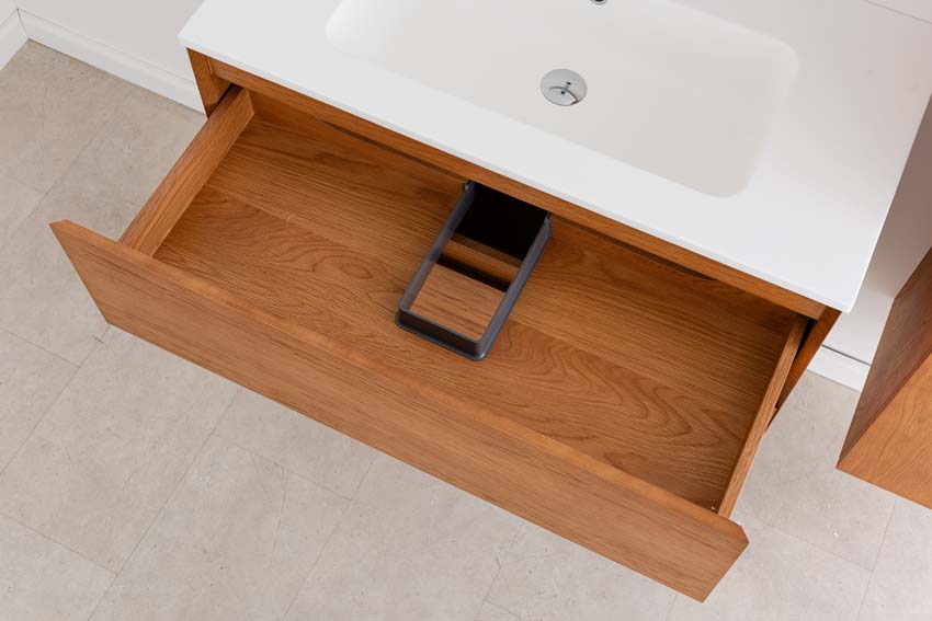 Badkamermeubel Fior eik hangend met enkele wastafel mat wit 90cm