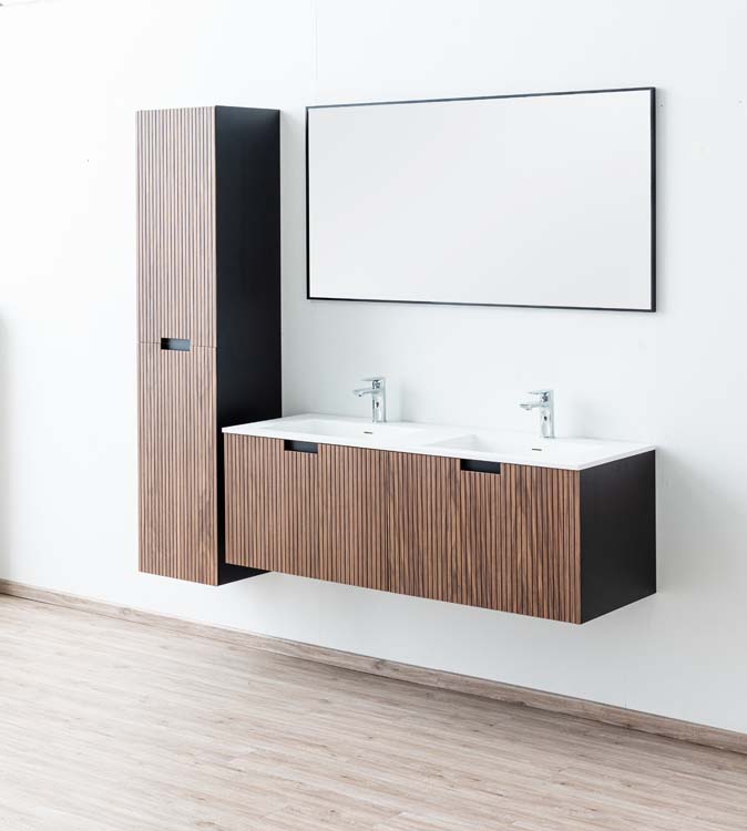 Meuble de salle de bains Willow noyer suspendu avec lavabo double blanc mat 140cm