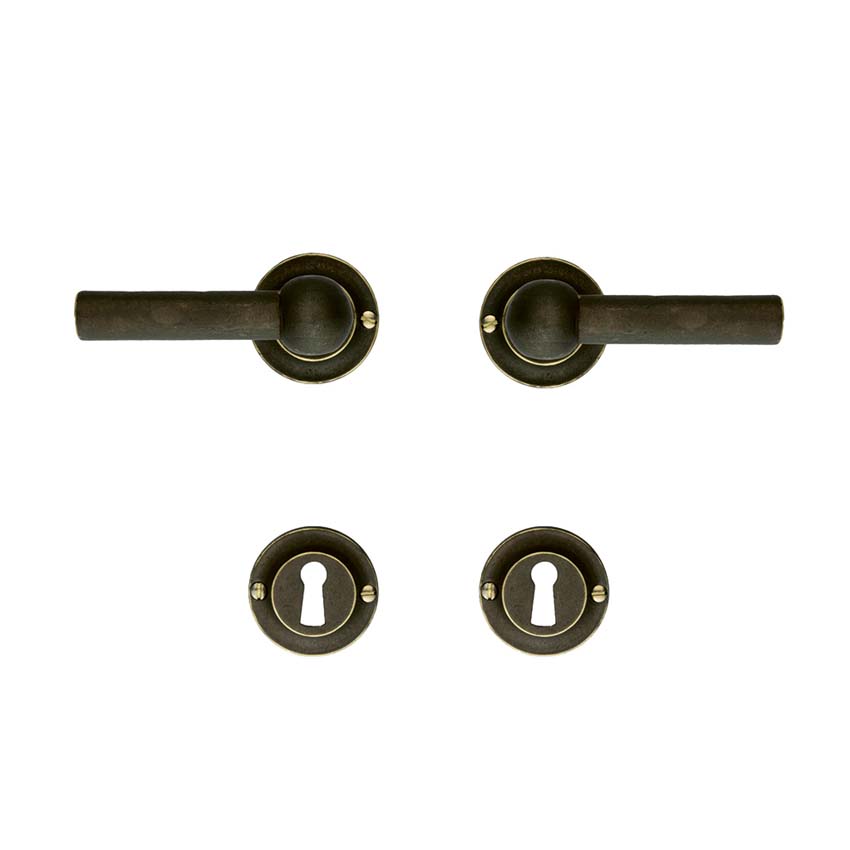 Deurkruk pro Petra NM L+L old brass rond complete set met rozetten en sleutelplaten