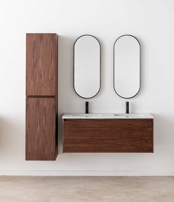 Meuble de salle de bains Falco noyer suspendu avec lavabo double effet marbre carrara 120cm