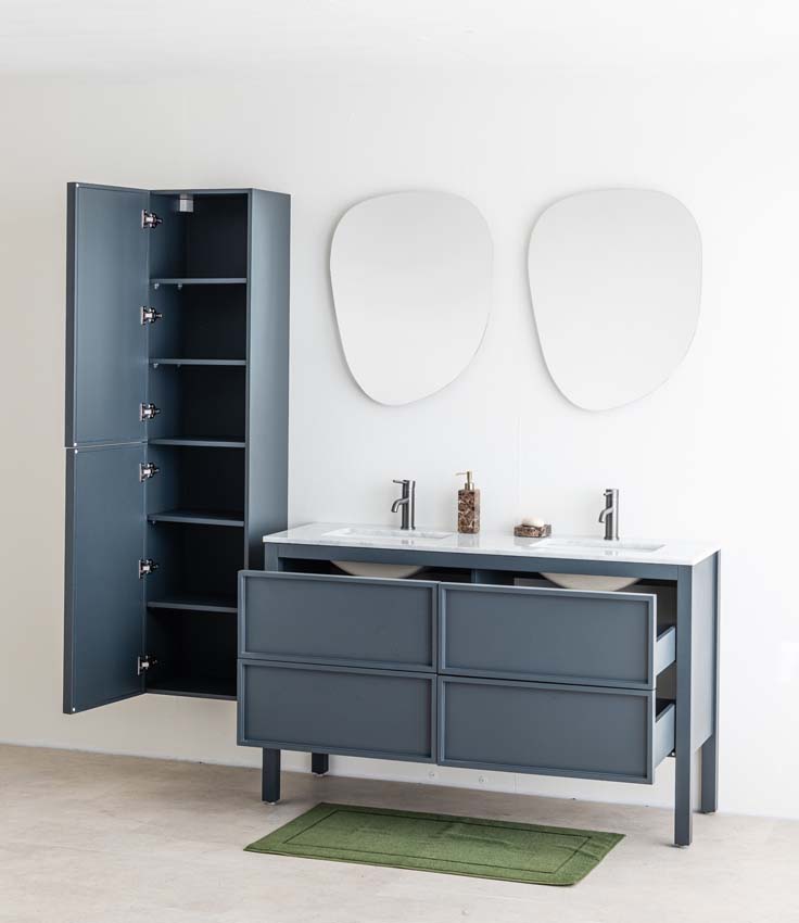 Meuble de salle de bains Fara anthracite sur pied avec lavabo double effet marbre carrara 140cm