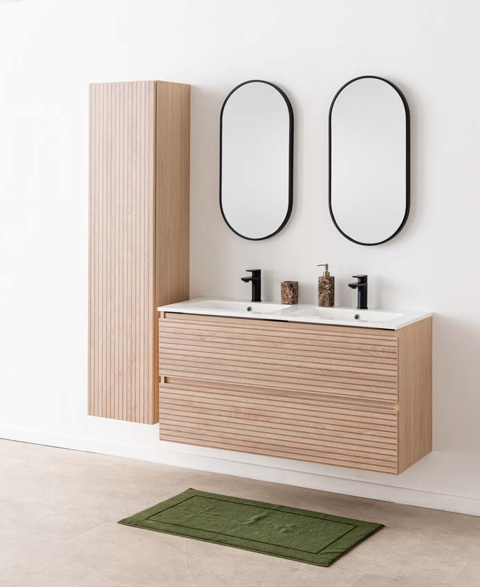Meuble de salle de bains Dotan line up suspendu avec lavabo double blanc brillant 120cm