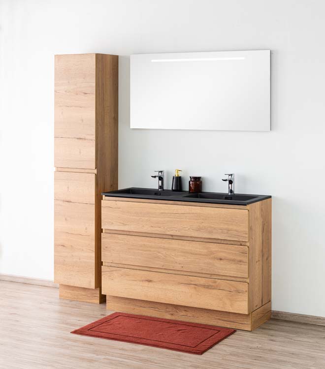 Meuble de salle de bains Daria chêne brun doré sur pied avec lavabo double noir mat 120cm