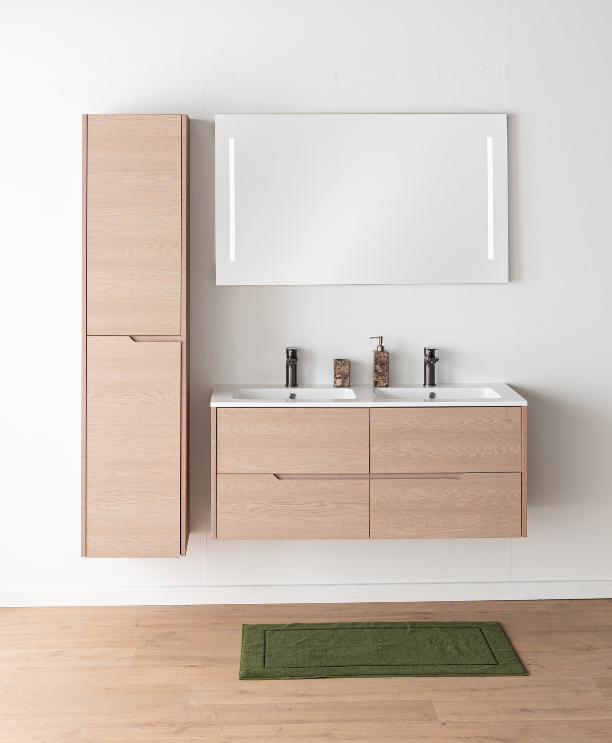 Meuble de salle de bains Tarik chêne Nordic suspendu avec double vasque blanc brillant 120cm