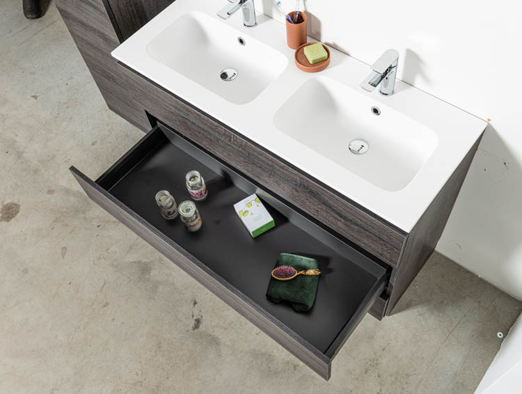 Meuble de salle de bain Dotan chêne foncé 1200mm à poser lavabo mat Meuble de salle de bain Dotan chêne foncé 1200mm à poser lavabo mat