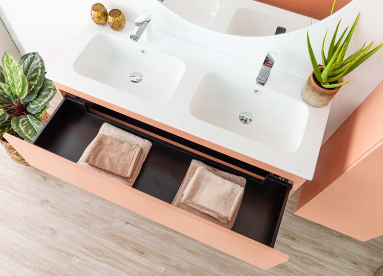 Meuble de salle de bains Puro blush suspendu avec lavabo double blanc mat 120cm