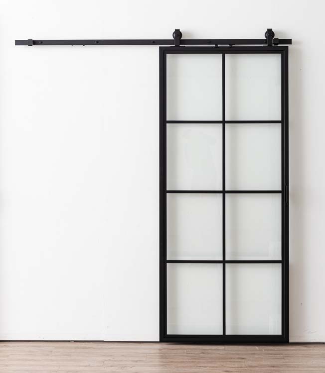 Porte coulissante simple en acier complète Tyra 8R 100x235cm + rail noir