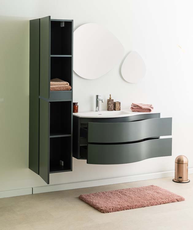 Meuble de salle de bains Aaron gris courbé avec lavabo simple blanc mat 110cm